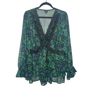 Torrid Babydoll Crinkle Lurex Chiffon Crochet Lace-Up Top forest whimsigoth vamp